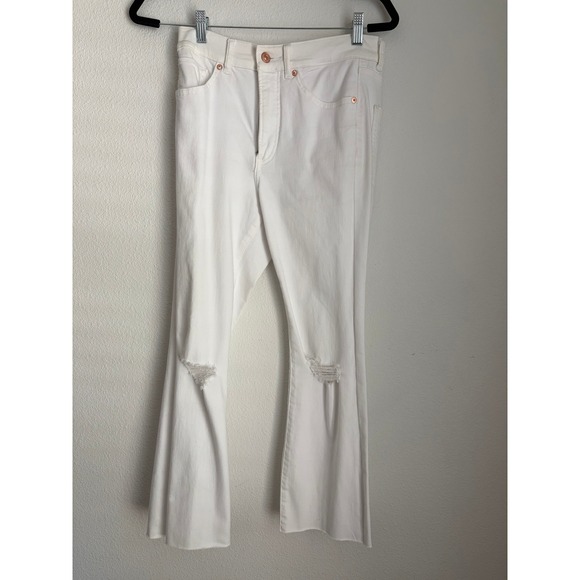 Express Denim - Express Womens White High Rise Cropped Flare Distressed Raw Hem Jeans Size 4